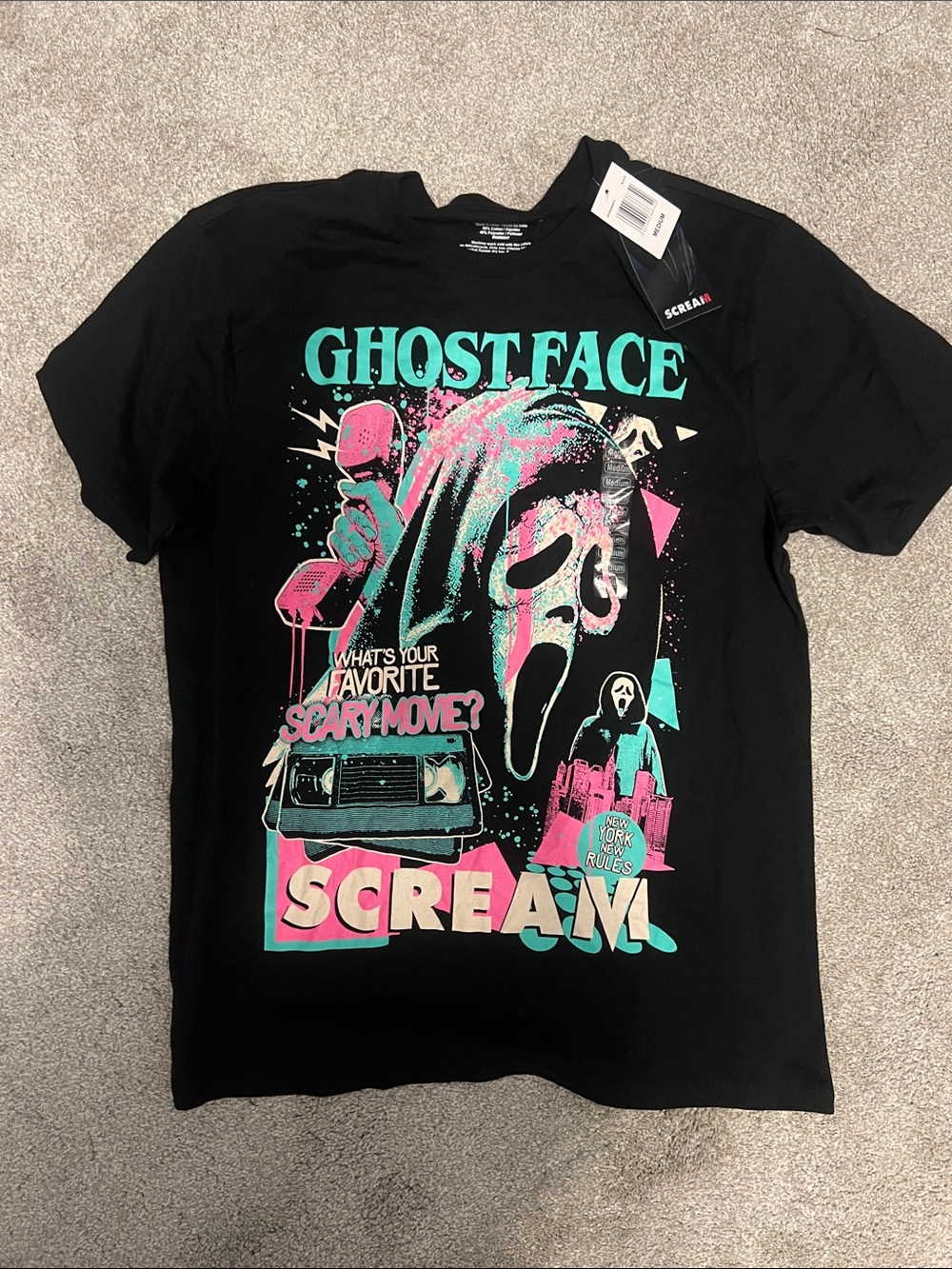 Ghostface Graphic Tee - Black with Pink & Teal Print NWT